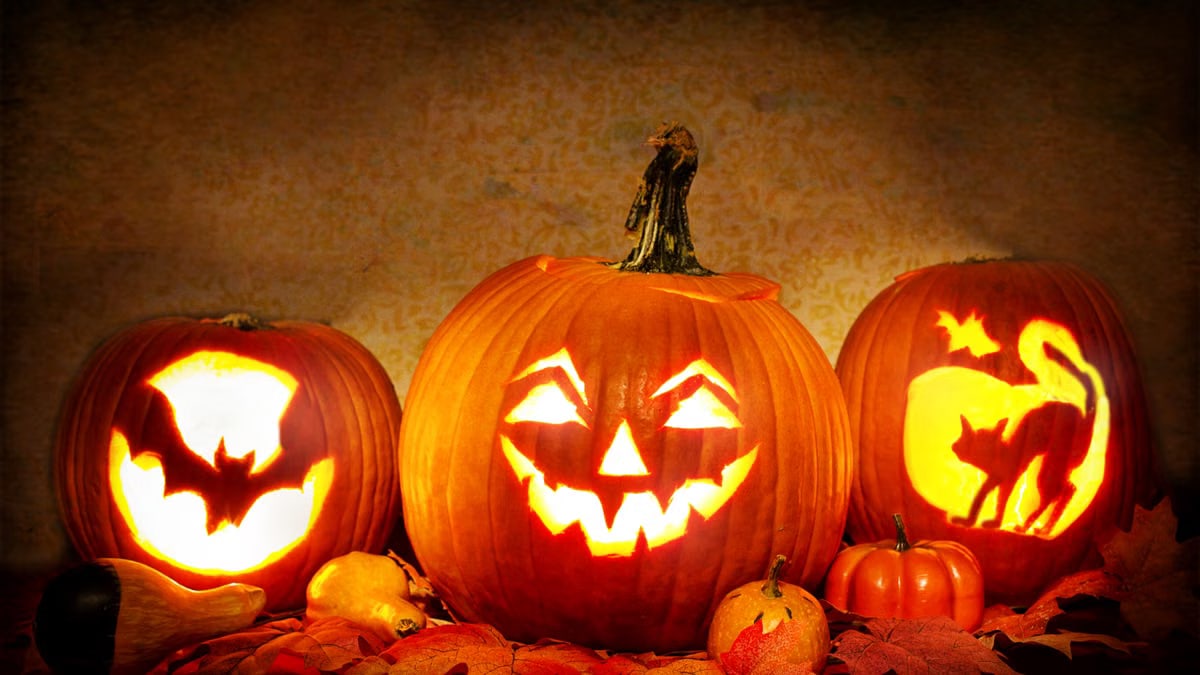 Glowing jack-o'-lanterns surrounded by autumn leaves, perfect for Halloween decor.